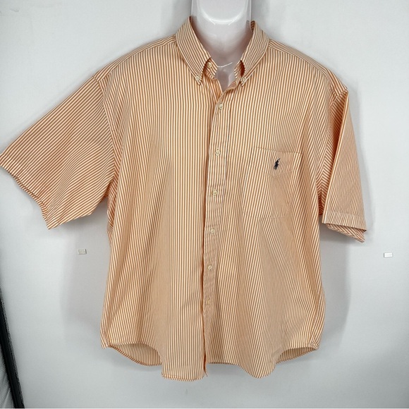 Ralph Lauren Big Shirt Cotton Short Sleeve Button Down Orange White Striped LG - Picture 1 of 7